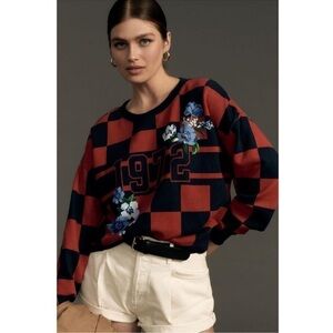MAEVE Checked Floral Red & Navy Cotton Sweatshirt Sz. M